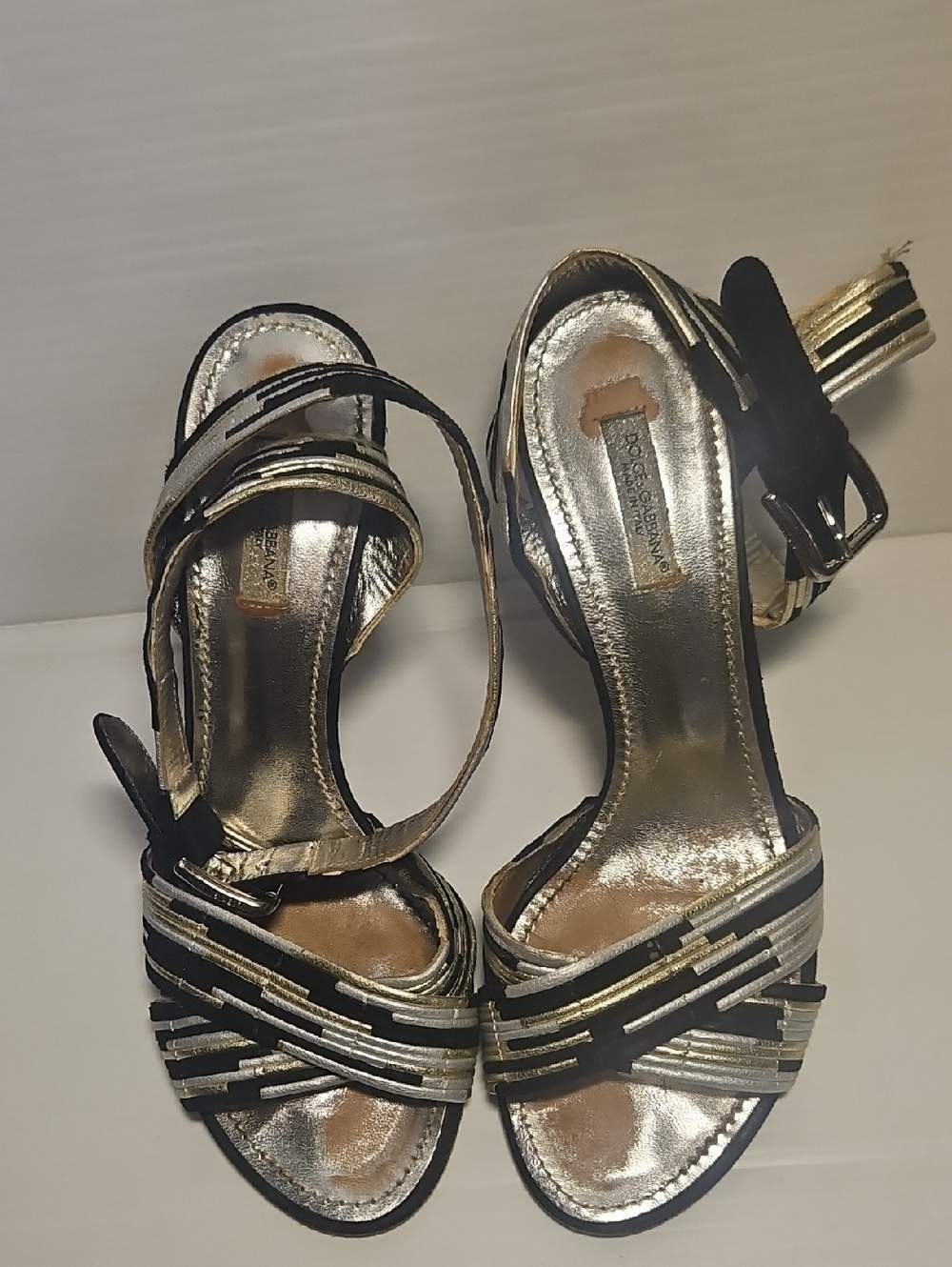 Dolce & Gabbana Black Silver Leather Colorblock Criss-Cross Heeled Sandals Sz 38 - Picture 4 of 11
